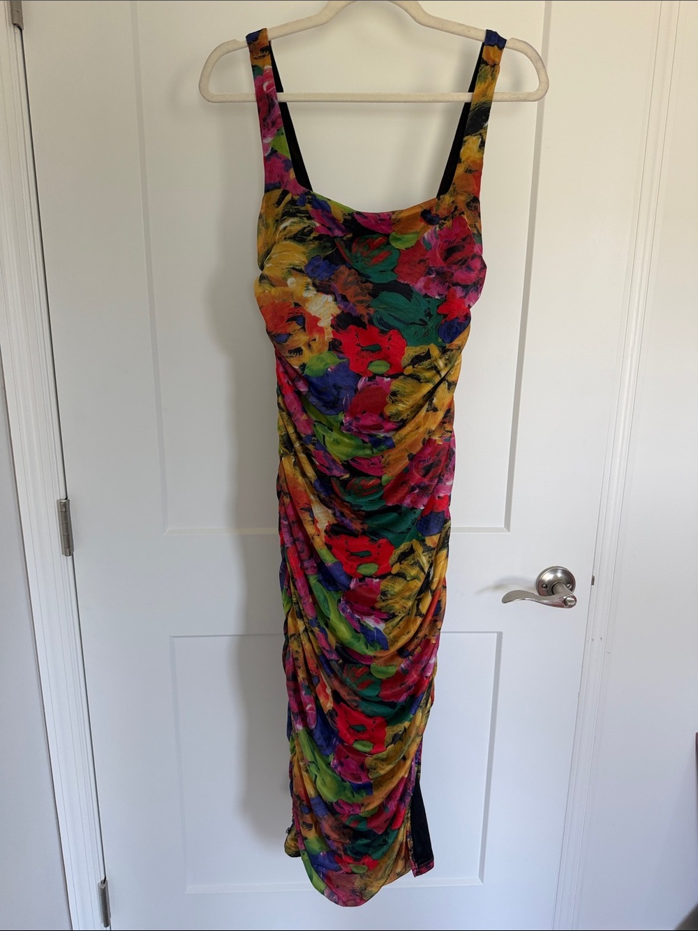 Vibrant Floral Ruched Midi Dress - Multicolor